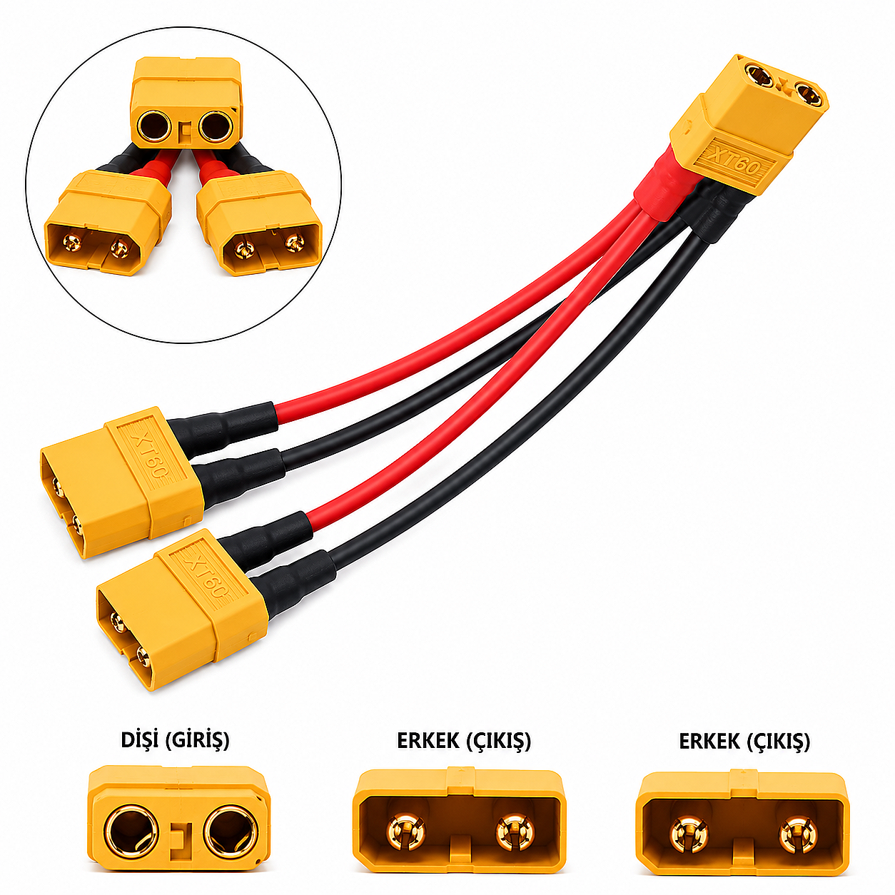 XT60 Lipo Pil Paralel Şarj Kablosu 2 Erkek 1 Dişi